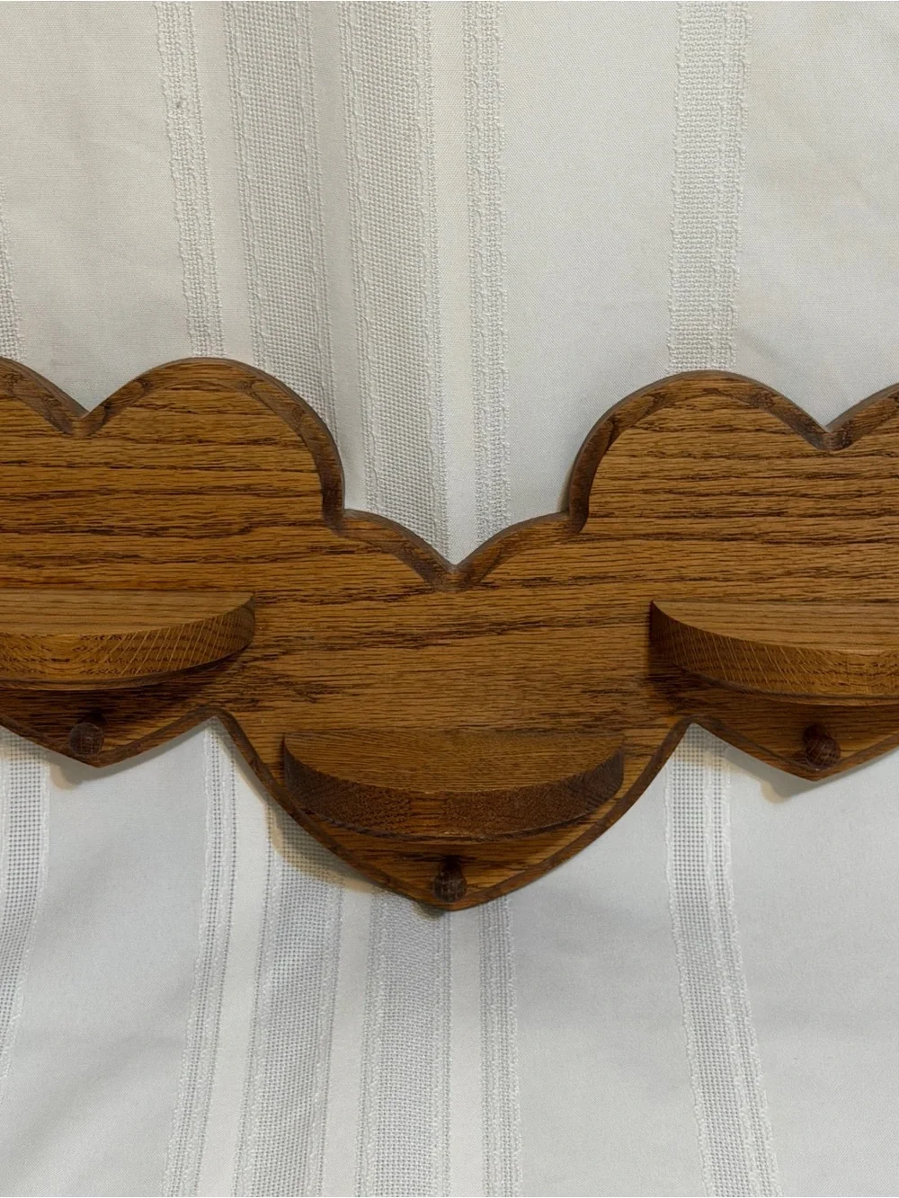 16” Vintage Oak Triple Heart Wall Shelf with Peg Hooks Rustic Country Home Decor